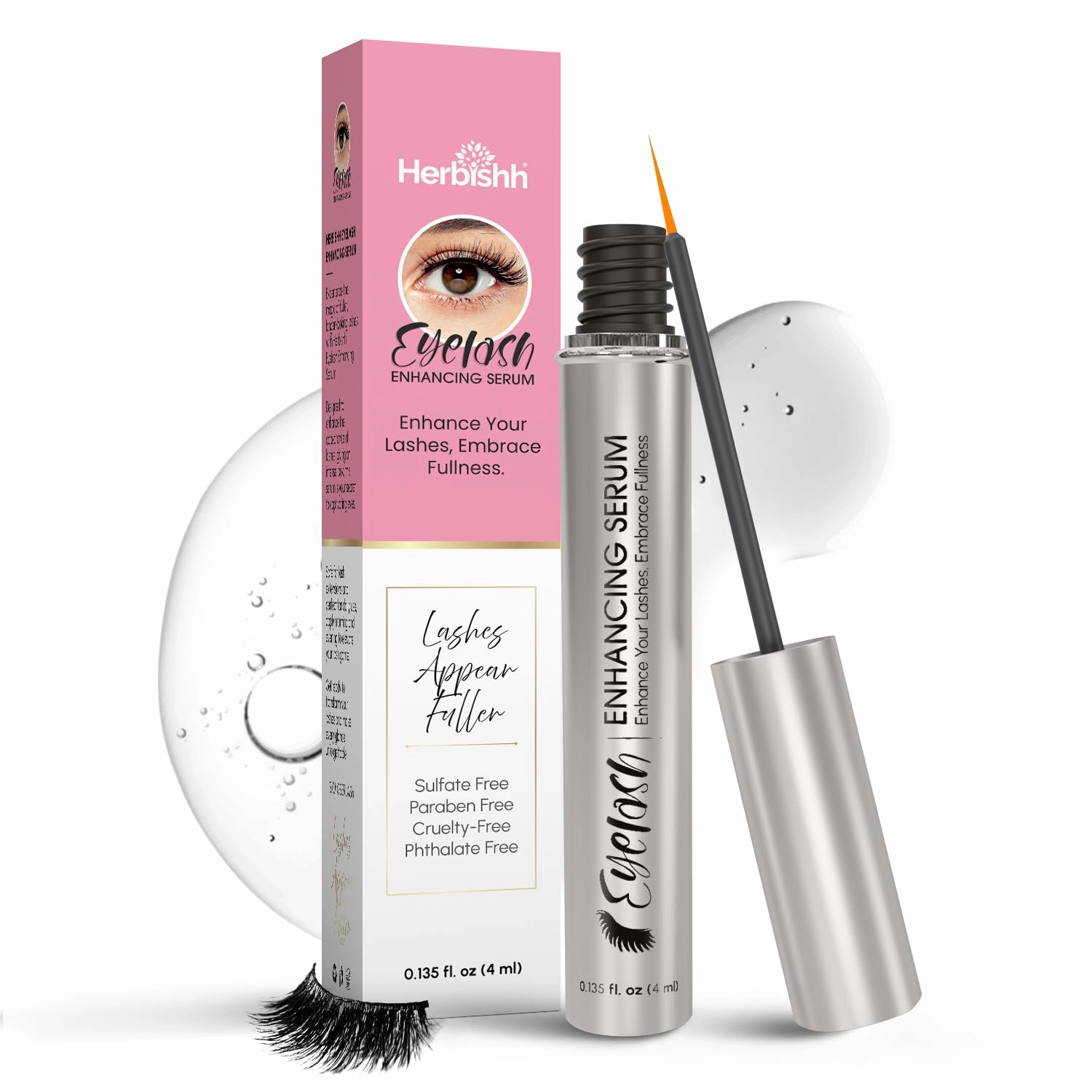 Herbishh Eyelash Enhancing Nourishing Serum for Longer, Thicker Lashes, Safe for Lash Extensions, Fragrance-Free Lash Serum, Sulfate-Free, Travel-Friendly, 0.135 fl. oz