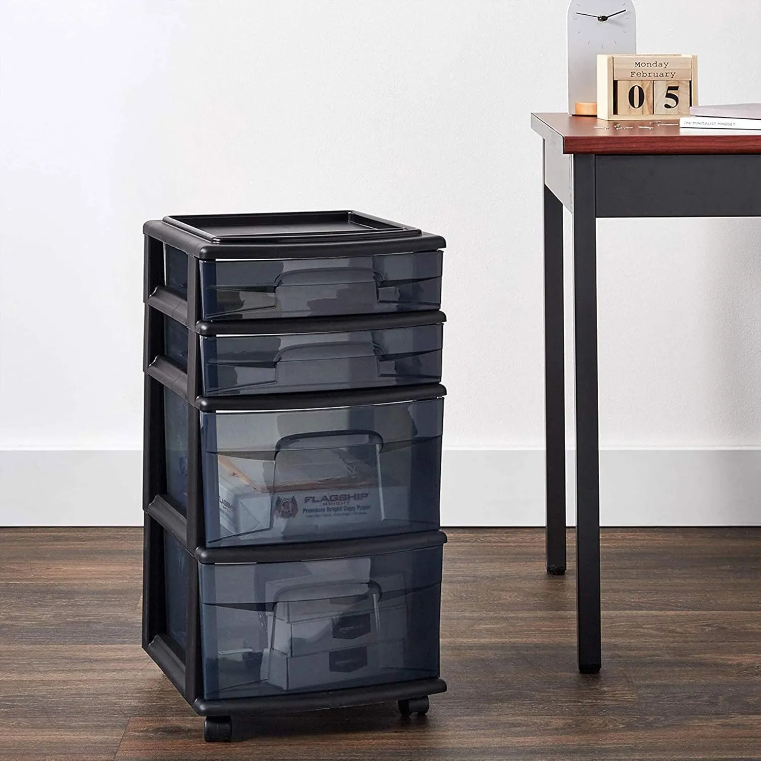 HOMZ Drawer Tower, 4-Tier Clear Plastic Storage Organizer Cart, Black Frame - Rolling Drawer Containers with Wheels for Bathroom, Bedroom, Office, and Classroom Organization
