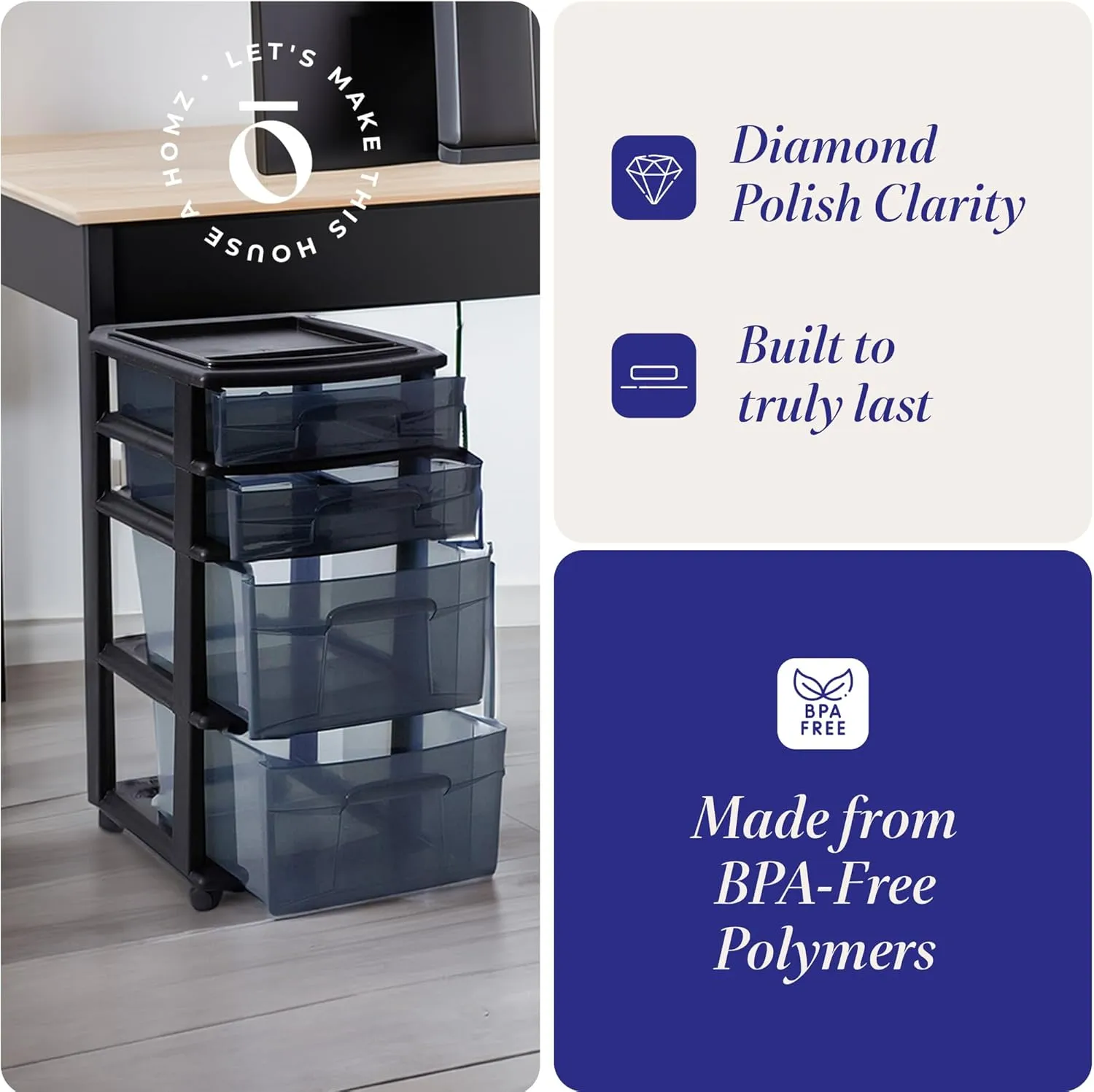 HOMZ Drawer Tower, 4-Tier Clear Plastic Storage Organizer Cart, Black Frame - Rolling Drawer Containers with Wheels for Bathroom, Bedroom, Office, and Classroom Organization