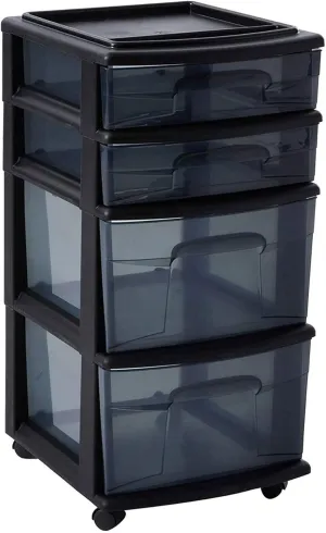 HOMZ Drawer Tower, 4-Tier Clear Plastic Storage Organizer Cart, Black Frame - Rolling Drawer Containers with Wheels for Bathroom, Bedroom, Office, and Classroom Organization