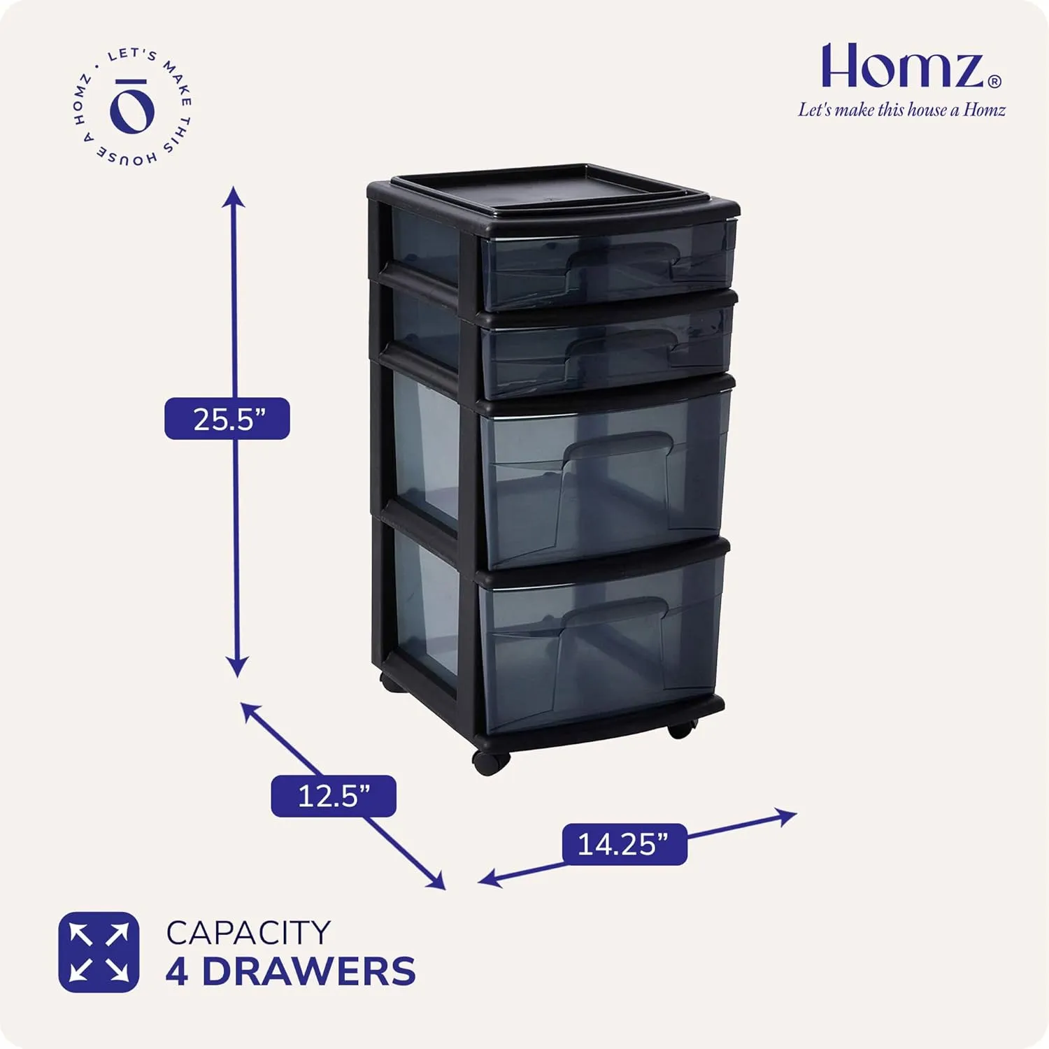 HOMZ Drawer Tower, 4-Tier Clear Plastic Storage Organizer Cart, Black Frame - Rolling Drawer Containers with Wheels for Bathroom, Bedroom, Office, and Classroom Organization