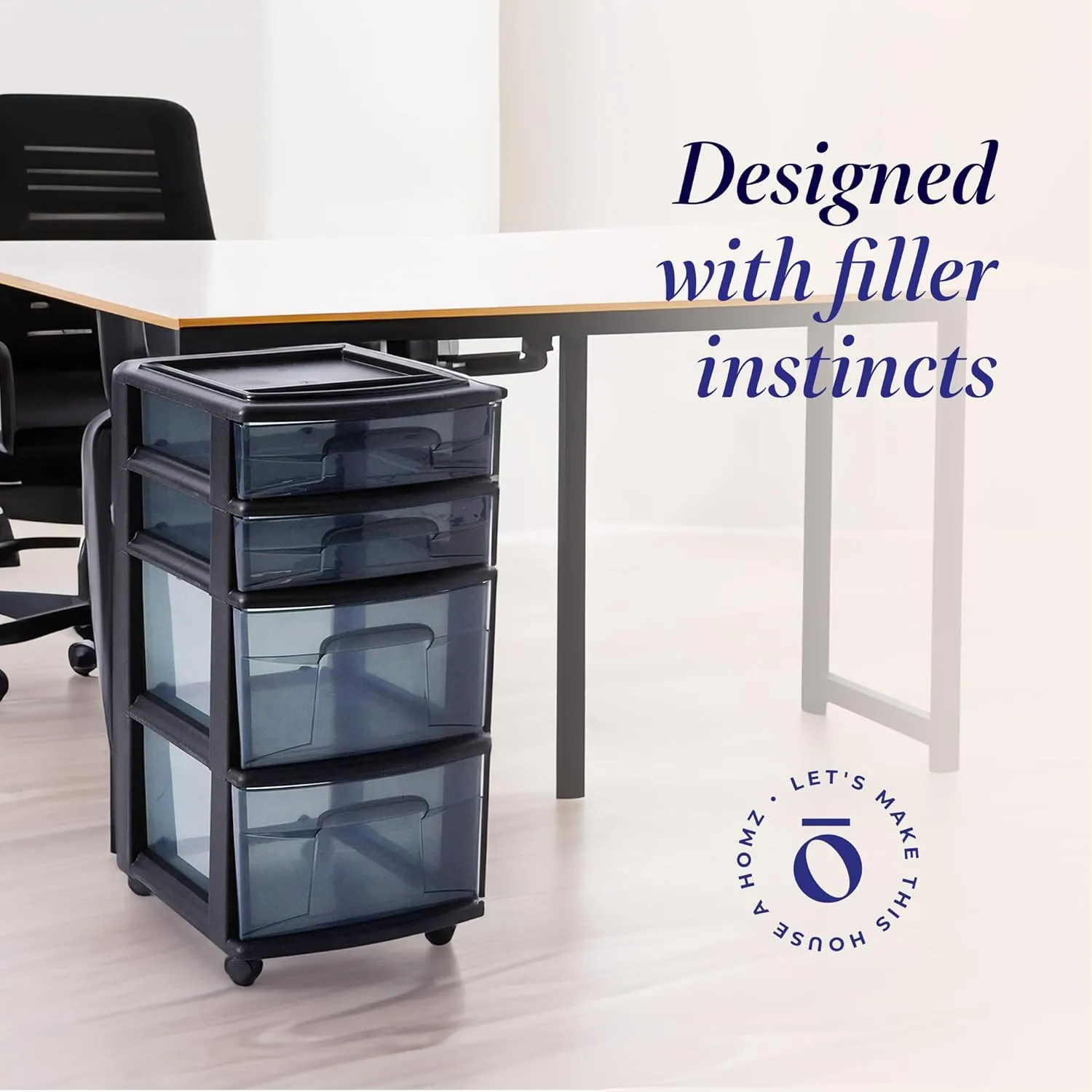 HOMZ Drawer Tower, 4-Tier Clear Plastic Storage Organizer Cart, Black Frame - Rolling Drawer Containers with Wheels for Bathroom, Bedroom, Office, and Classroom Organization