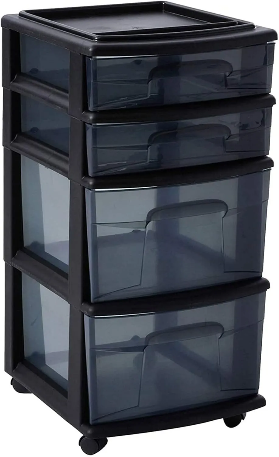 HOMZ Drawer Tower, 4-Tier Clear Plastic Storage Organizer Cart, Black Frame - Rolling Drawer Containers with Wheels for Bathroom, Bedroom, Office, and Classroom Organization