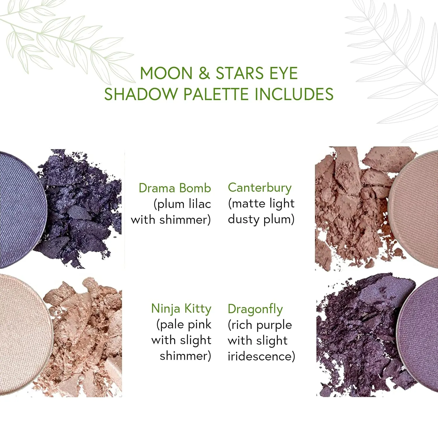 Honeybee Gardens Quad Eye Shadow Compact in Moon & Stars, Pale Pink, Deep Purple Shades, Refillable & Customizable, Vegan, 4 Pack 26mm Pans