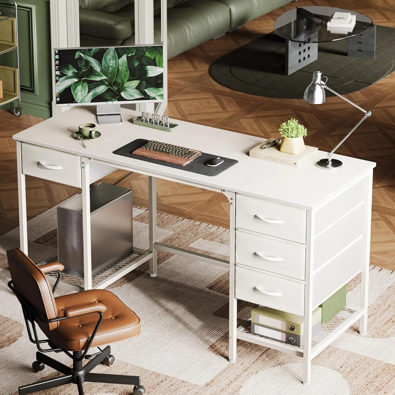 Huuger 55 Inch White Desk with 4 Drawers, Vanity Desk with Mesh Shelf for Makeup, Computer Desk for Home Office with Large Storage, Bedroom, Work from Home