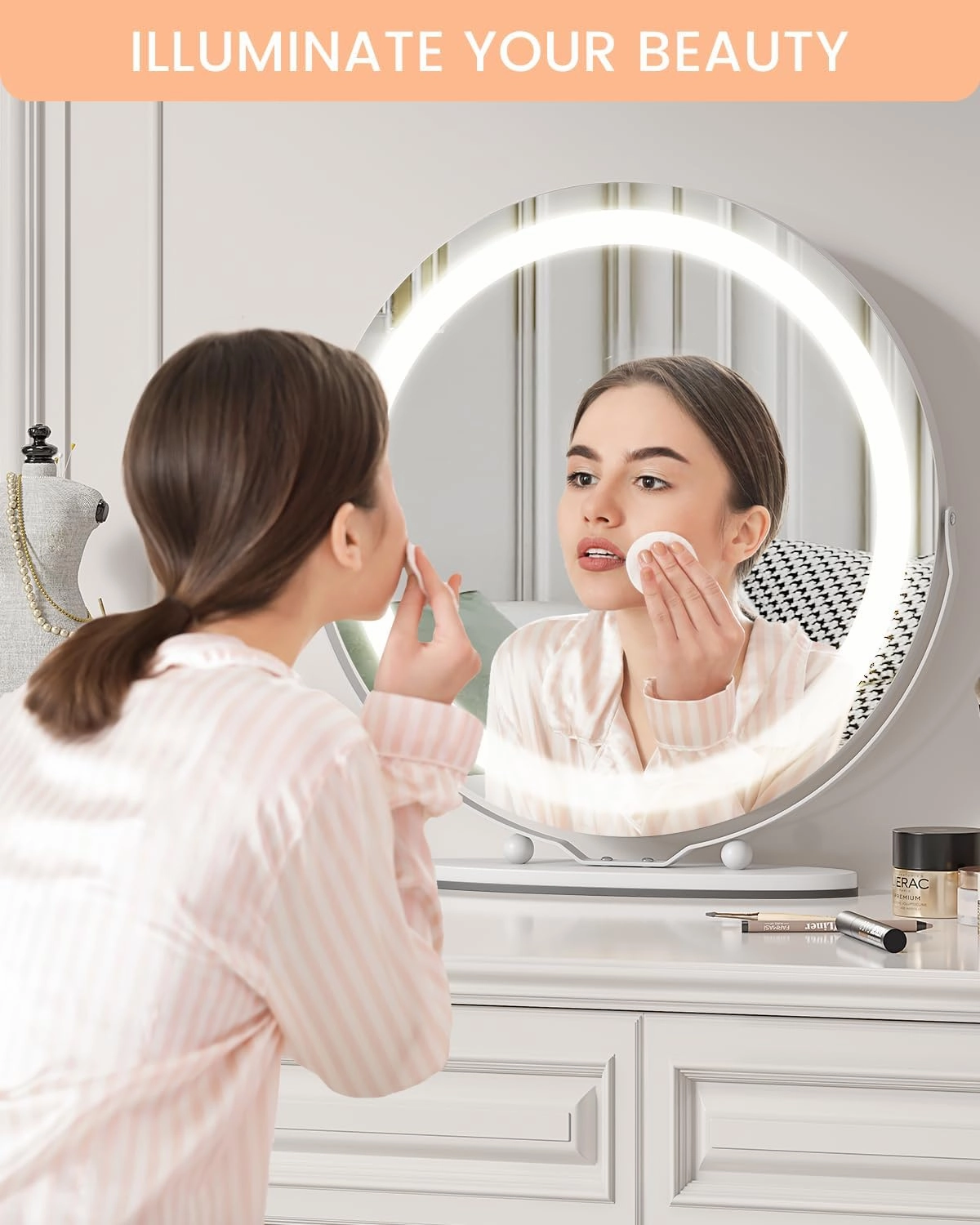 IDEALHOUSE Large 19-inch Vanity Makeup Mirror with Lights, Touch Control 3 Color Lighting Dimmable Makeup Mirror, Impeccable Illumination for Professional Makeup, 360° Rotatable Design