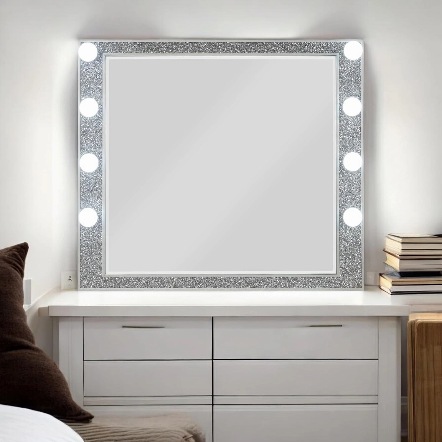 Illuminated Makeup Mirror with Champagne Finish and Integrated 8-Bulb Base, Non-Beveled Design, Elegant Acrylic Accents
