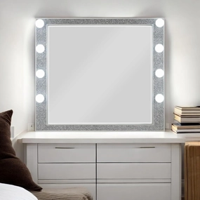 Illuminated Makeup Mirror with Champagne Finish and Integrated 8-Bulb Base, Non-Beveled Design, Elegant Acrylic Accents