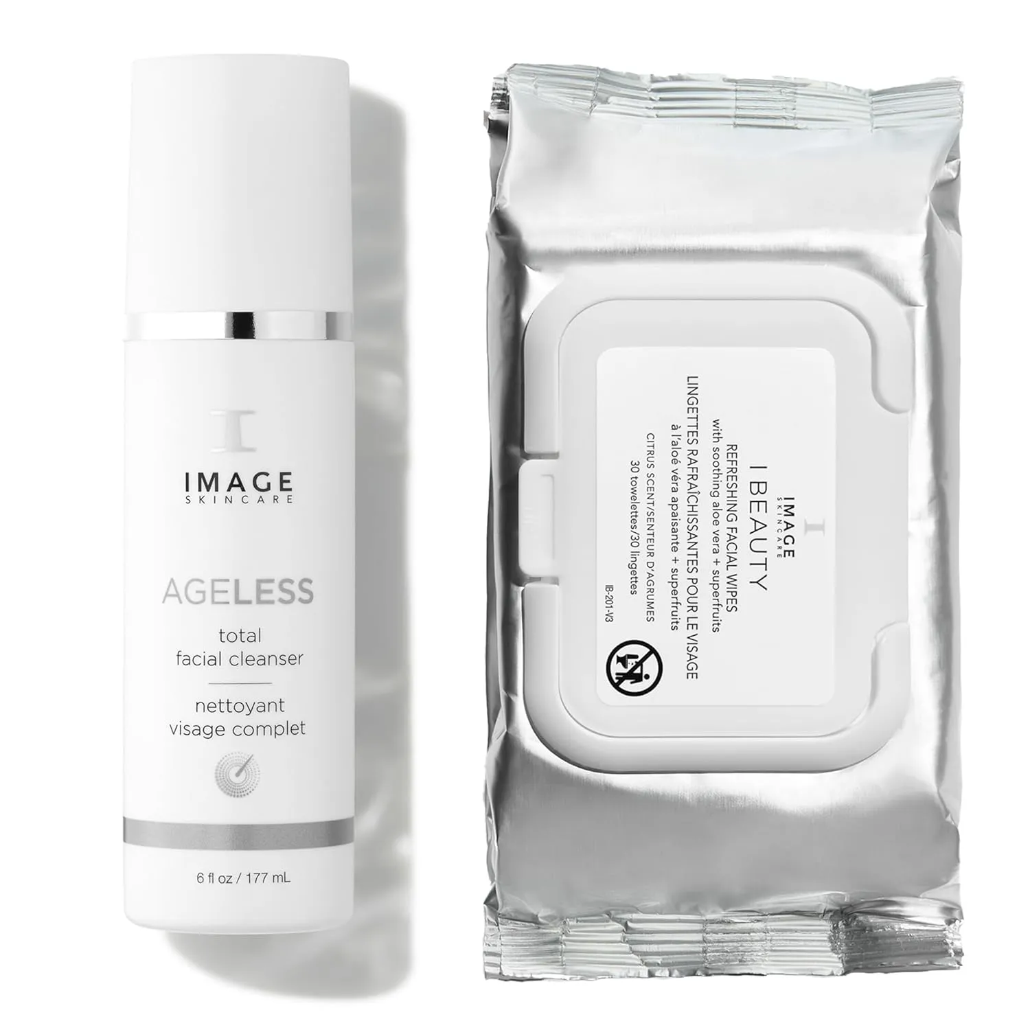 IMAGE Skincare Double Cleanse Power Duo, 30ct I BEAUTY Refreshing Facial Cleansing Wipes with AGELESS Total Facial Cleanser Smoothing Face Wash