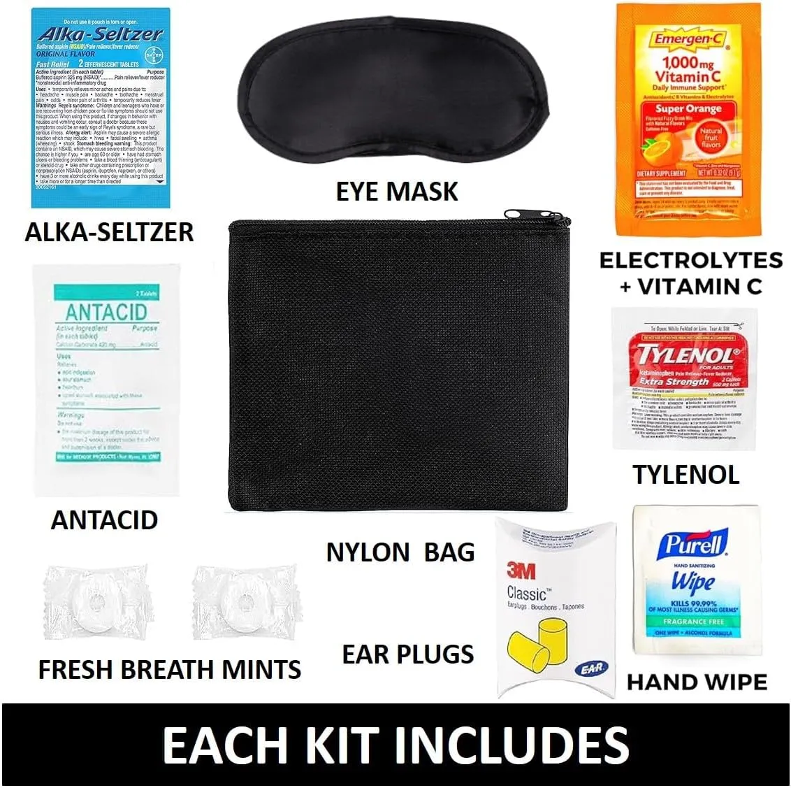 In Flight Mind Pre-Filled Hangover Recovery Supplies | 12 Pcs Bulk Hangover Kits for Bachelorette Party Favors, Survival Kit with Nylon Bag