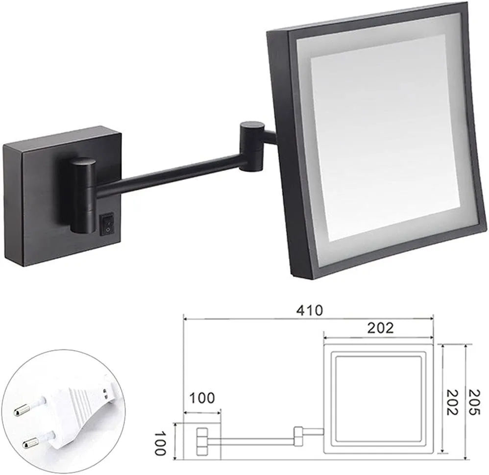 inBEKEA Wall Mounted Mirrors Makeup Shaving Mirror LED Lighted Bathroom Mirror for Hotel Vanity with Adjustable Extendable Square 8 Inch 3X Magnification Cosmetic Mirror Powered by Plug in
