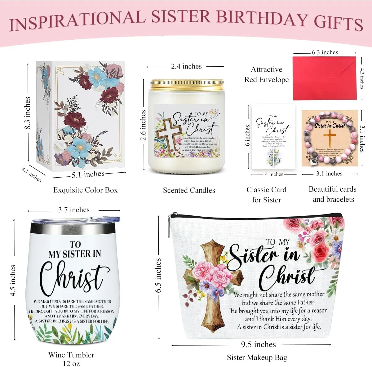 Inspirational Christian Gifts for Women,Friend Bestie Sisters in Law, Sister Birthday Gifts, Sisters Gift from Sister,Graduation Christmas Bulk(12oz Wine Tumbler Makeup Bag Candle Bracelet Card)