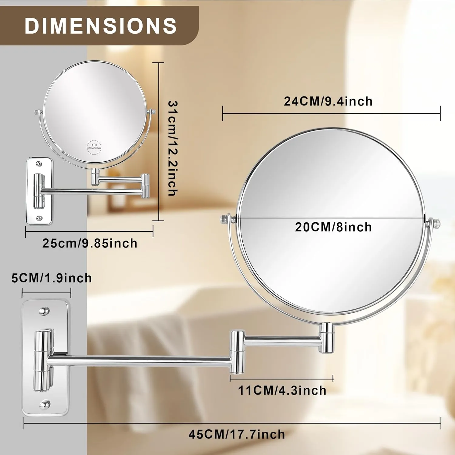 JANEEVA 8" Wall Mounted Makeup Mirror, 1X/10X Magnifying Mirror with 360° Extendable Arm Mirror for Bathroom-Double Sided Vanity Mirror for Man & Woman(Chrome)