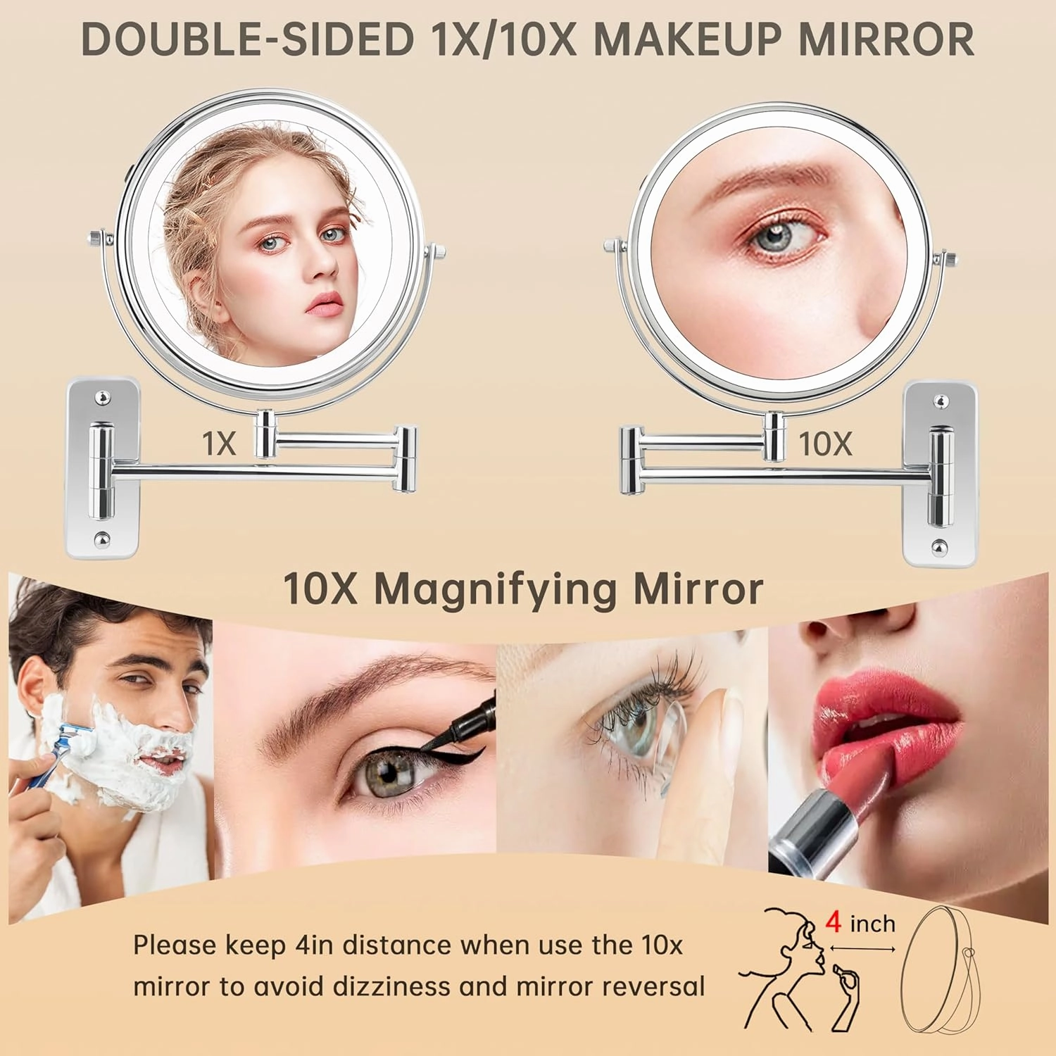 JANEEVA 10X Wall Mounted Lighted Makeup Mirror, Rechargeable Double Sided 1X/10X Magnifying Vanity Mirror with 3 Color Lights, Touch Dimmable, Extended Arm 360° Rotation, 8 inch