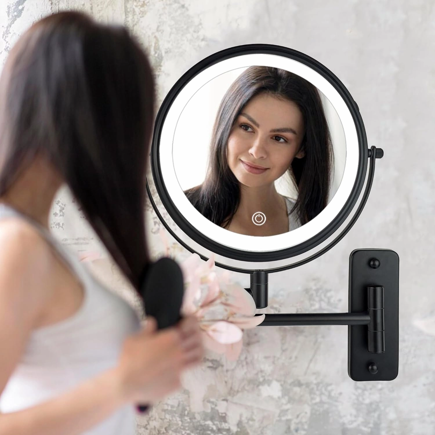 JANEEVA 8" Wall Mounted Lighted Makeup Mirror,Rechargeable Double Sided 1X/10X Magnifying Mirror with 3 Color Lights,Touch Dimmable Bathroom Vanity Mirror with 360°Swivel Extendable Arm Matte Black