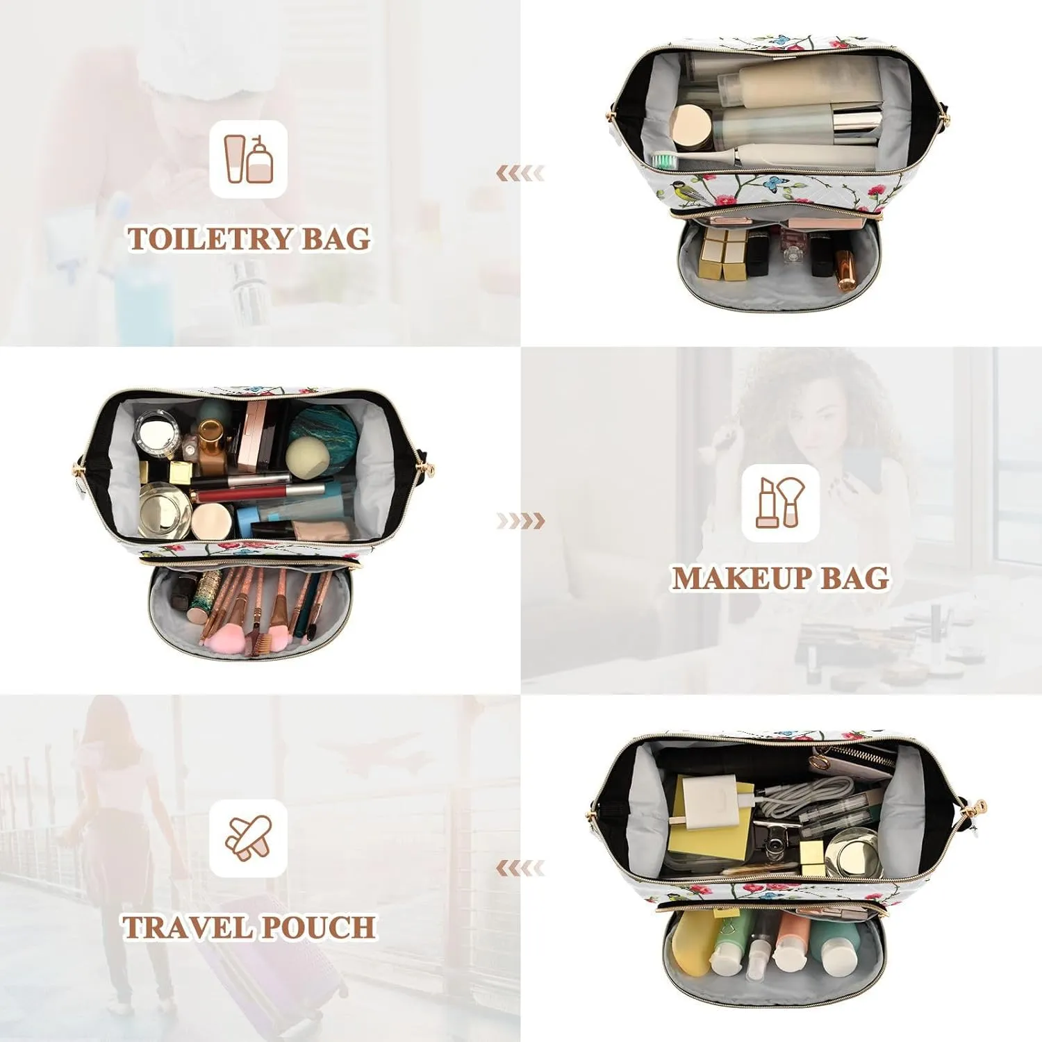 Japanese Spring Tree Branches with Red Flowers Birds and Green Leaves Women Cosmetic Bag Makeup Bag Stylish Trip Beauty Bag Travel Toiletry Bag with Bottle Organizer 10.2 x 5.9 x 6.7 inch