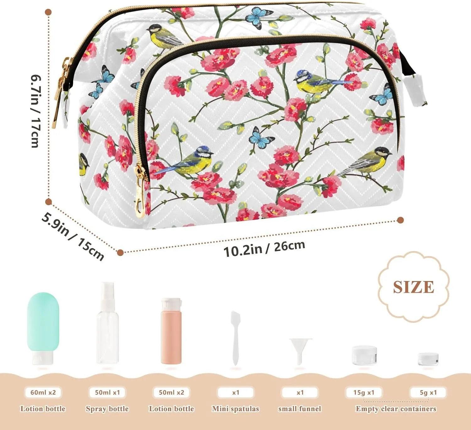 Japanese Spring Tree Branches with Red Flowers Birds and Green Leaves Women Cosmetic Bag Makeup Bag Stylish Trip Beauty Bag Travel Toiletry Bag with Bottle Organizer 10.2 x 5.9 x 6.7 inch