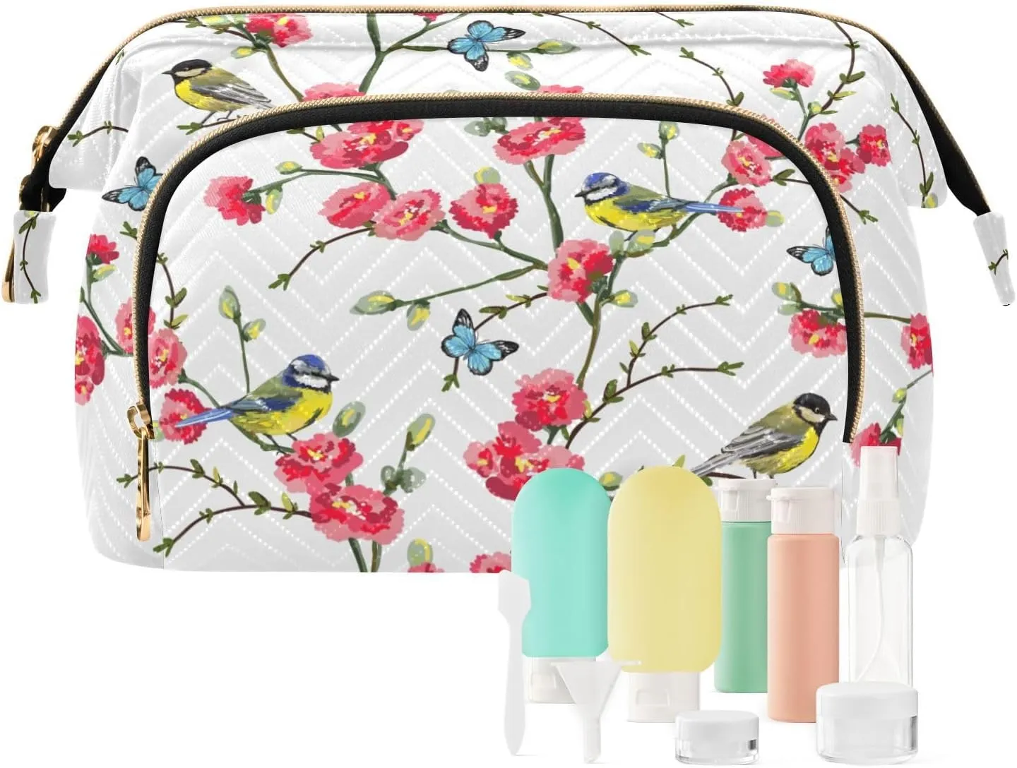 Japanese Spring Tree Branches with Red Flowers Birds and Green Leaves Women Cosmetic Bag Makeup Bag Stylish Trip Beauty Bag Travel Toiletry Bag with Bottle Organizer 10.2 x 5.9 x 6.7 inch