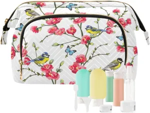 Japanese Spring Tree Branches with Red Flowers Birds and Green Leaves Women Cosmetic Bag Makeup Bag Stylish Trip Beauty Bag Travel Toiletry Bag with Bottle Organizer 10.2 x 5.9 x 6.7 inch