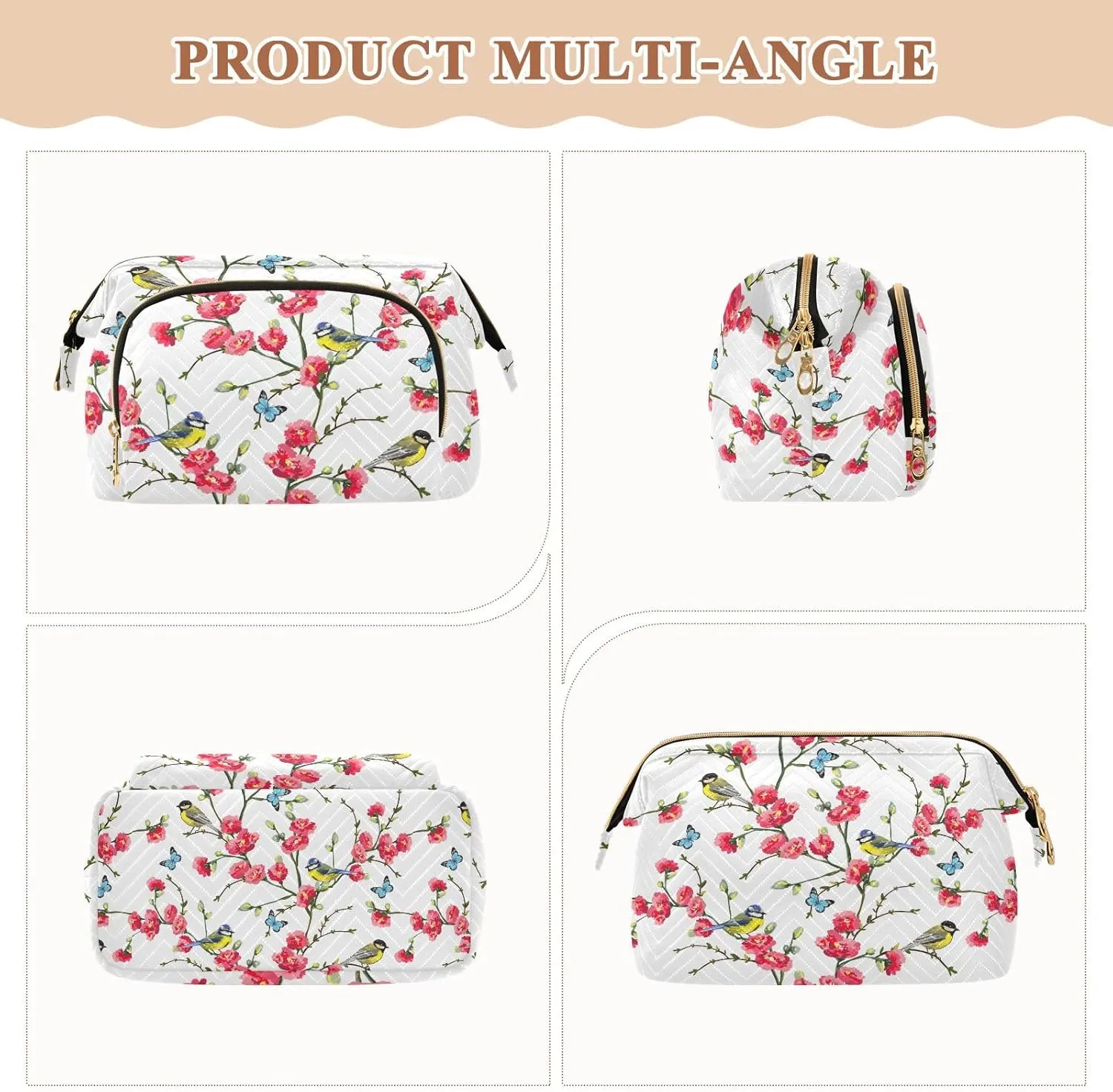Japanese Spring Tree Branches with Red Flowers Birds and Green Leaves Women Cosmetic Bag Makeup Bag Stylish Trip Beauty Bag Travel Toiletry Bag with Bottle Organizer 10.2 x 5.9 x 6.7 inch