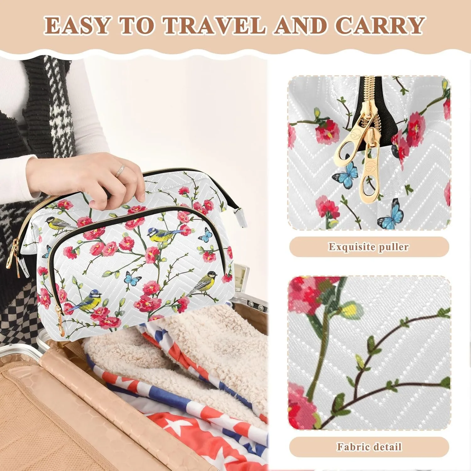 Japanese Spring Tree Branches with Red Flowers Birds and Green Leaves Women Cosmetic Bag Makeup Bag Stylish Trip Beauty Bag Travel Toiletry Bag with Bottle Organizer 10.2 x 5.9 x 6.7 inch