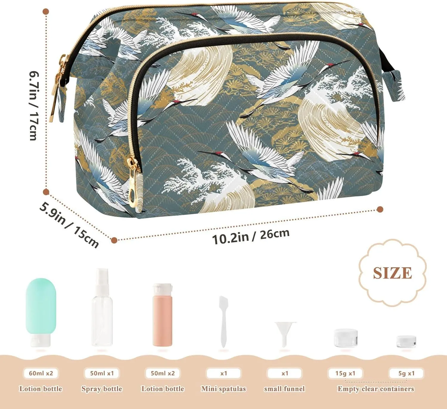 Japanese Traditional Crane Birds Wave Trees Asia Oriental Motifs Women Cosmetic Bag Makeup Bag Stylish Trip Beauty Bag Travel Toiletry Bag with Bottle Organizer 10.2 x 5.9 x 6.7 inch