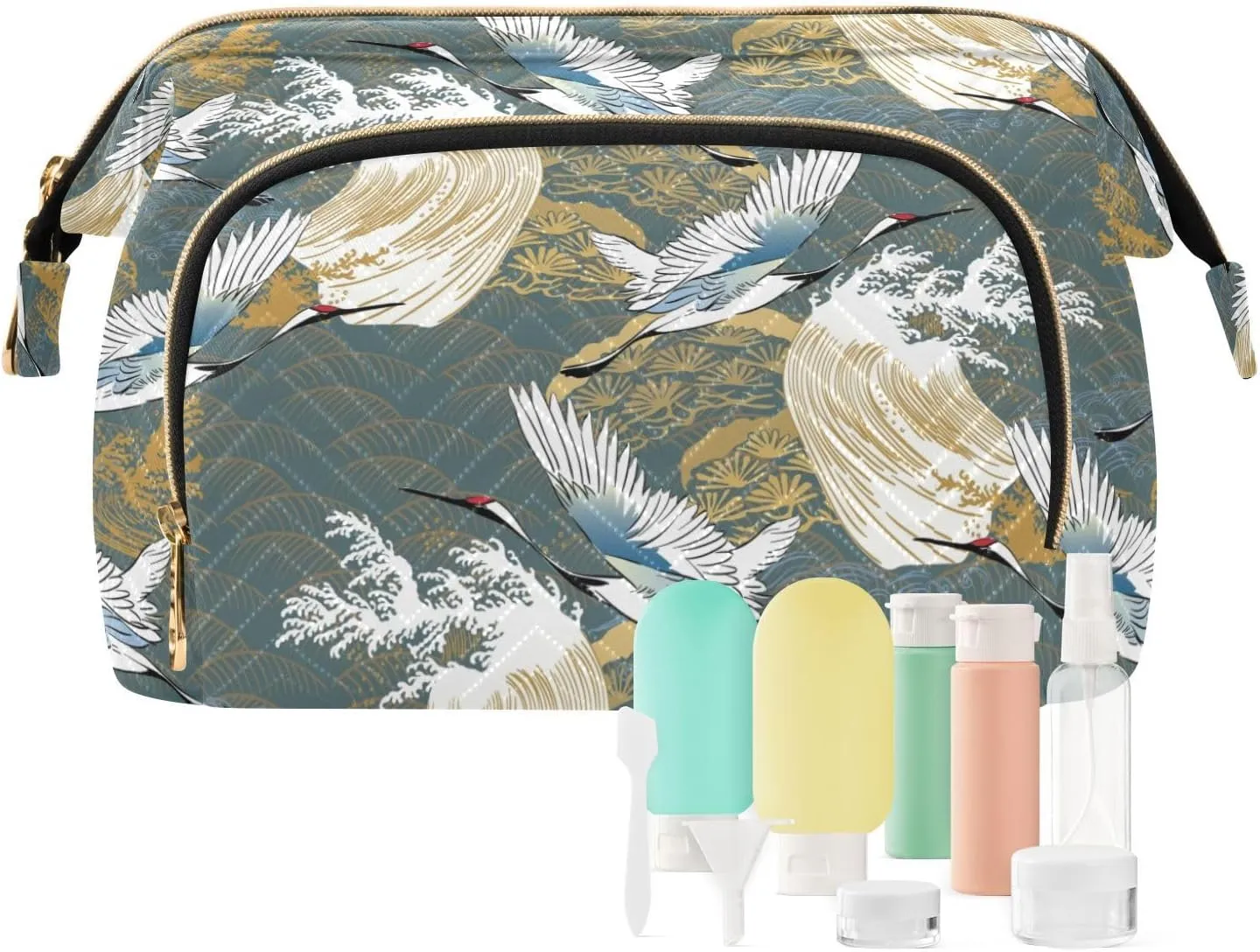 Japanese Traditional Crane Birds Wave Trees Asia Oriental Motifs Women Cosmetic Bag Makeup Bag Stylish Trip Beauty Bag Travel Toiletry Bag with Bottle Organizer 10.2 x 5.9 x 6.7 inch