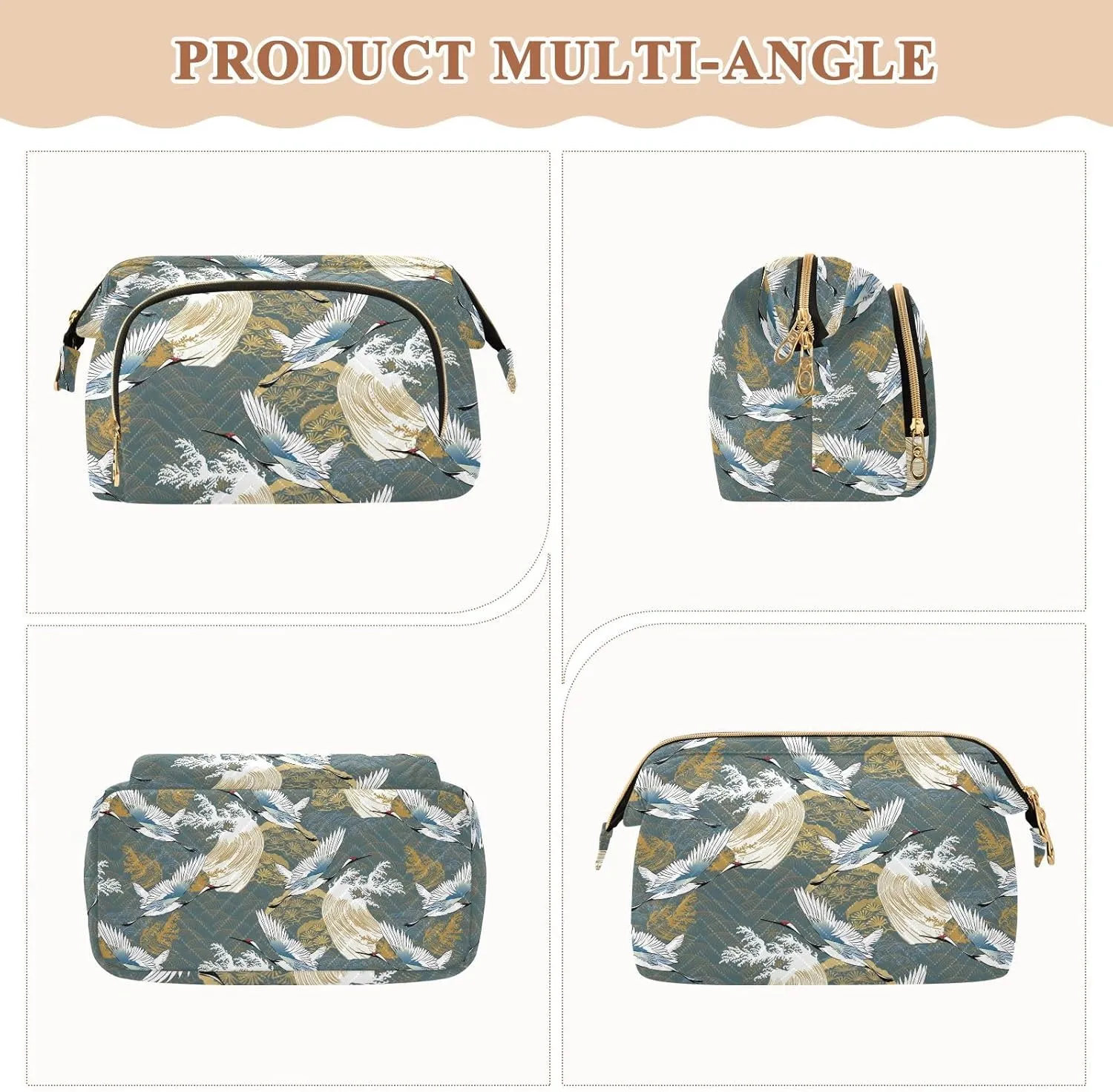 Japanese Traditional Crane Birds Wave Trees Asia Oriental Motifs Women Cosmetic Bag Makeup Bag Stylish Trip Beauty Bag Travel Toiletry Bag with Bottle Organizer 10.2 x 5.9 x 6.7 inch