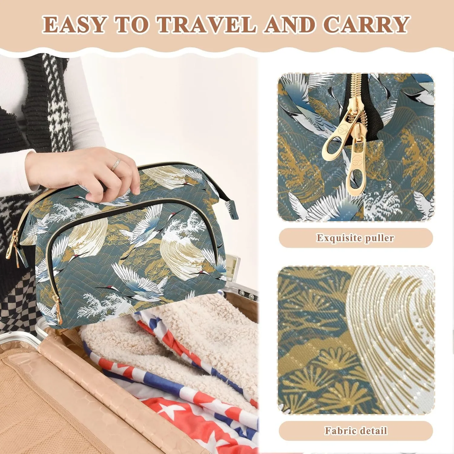 Japanese Traditional Crane Birds Wave Trees Asia Oriental Motifs Women Cosmetic Bag Makeup Bag Stylish Trip Beauty Bag Travel Toiletry Bag with Bottle Organizer 10.2 x 5.9 x 6.7 inch