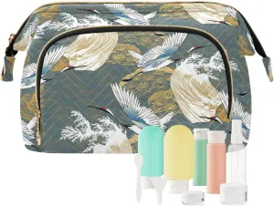 Japanese Traditional Crane Birds Wave Trees Asia Oriental Motifs Women Cosmetic Bag Makeup Bag Stylish Trip Beauty Bag Travel Toiletry Bag with Bottle Organizer 10.2 x 5.9 x 6.7 inch