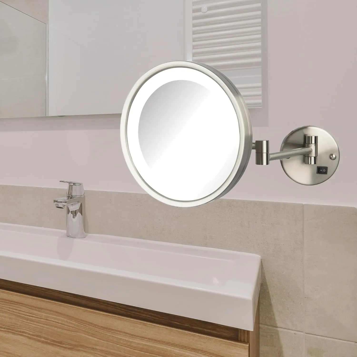 JERDON Lighted Wall-Mounted Makeup Mirror - Direct Wire Magnifying Mirror with LED Lights - 5X - Nickel Finish - Model HL1016NLD