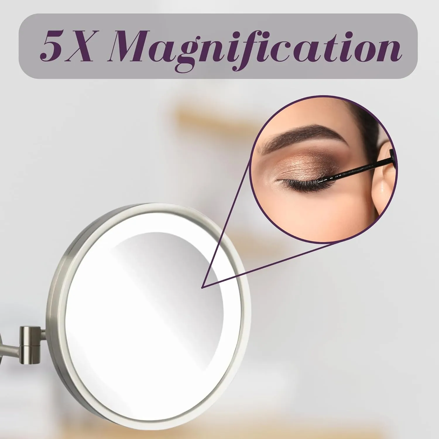 JERDON Lighted Wall-Mounted Makeup Mirror - Direct Wire Magnifying Mirror with LED Lights - 5X - Nickel Finish - Model HL1016NLD