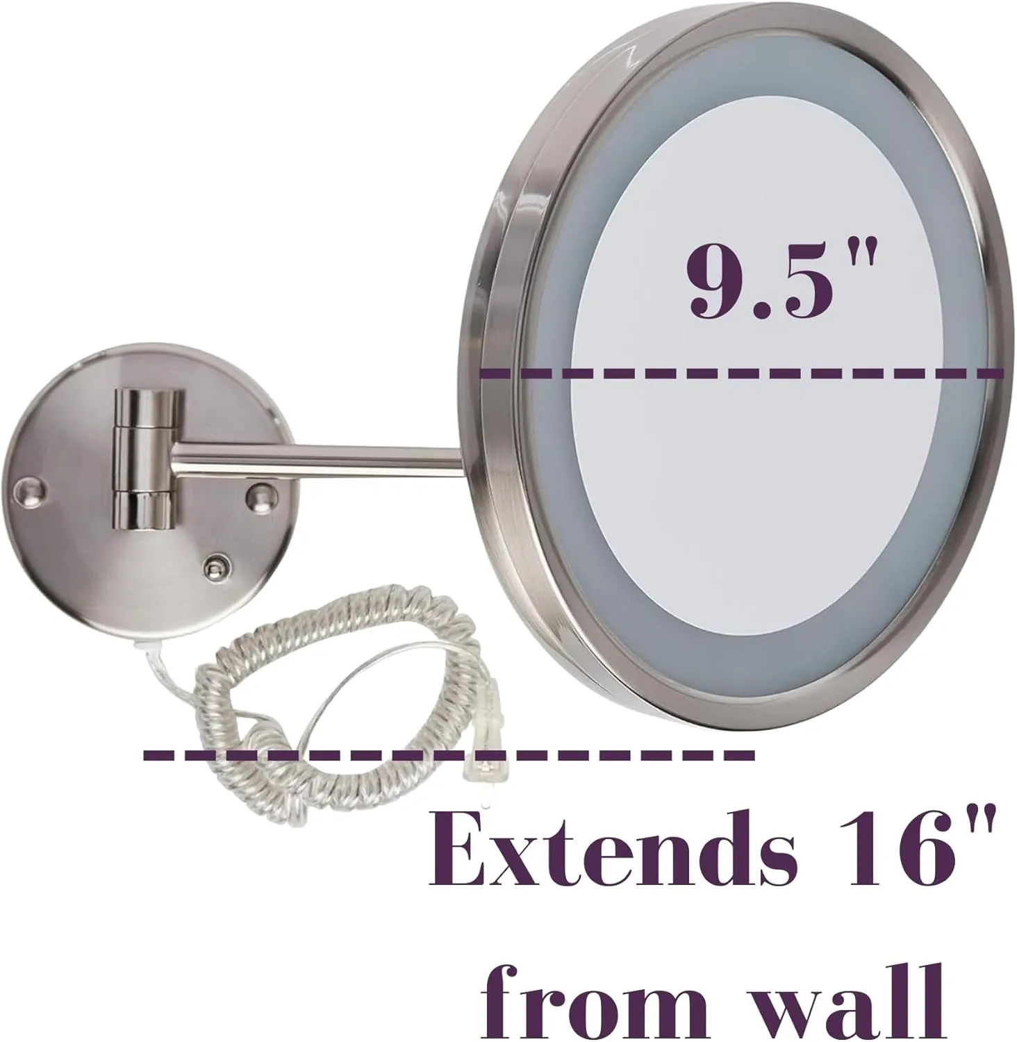 JERDON Lighted Wall-Mounted Makeup Mirror - Magnifying Mirror with LED Lights - 5X - Nickel Finish - Model HL1016NL