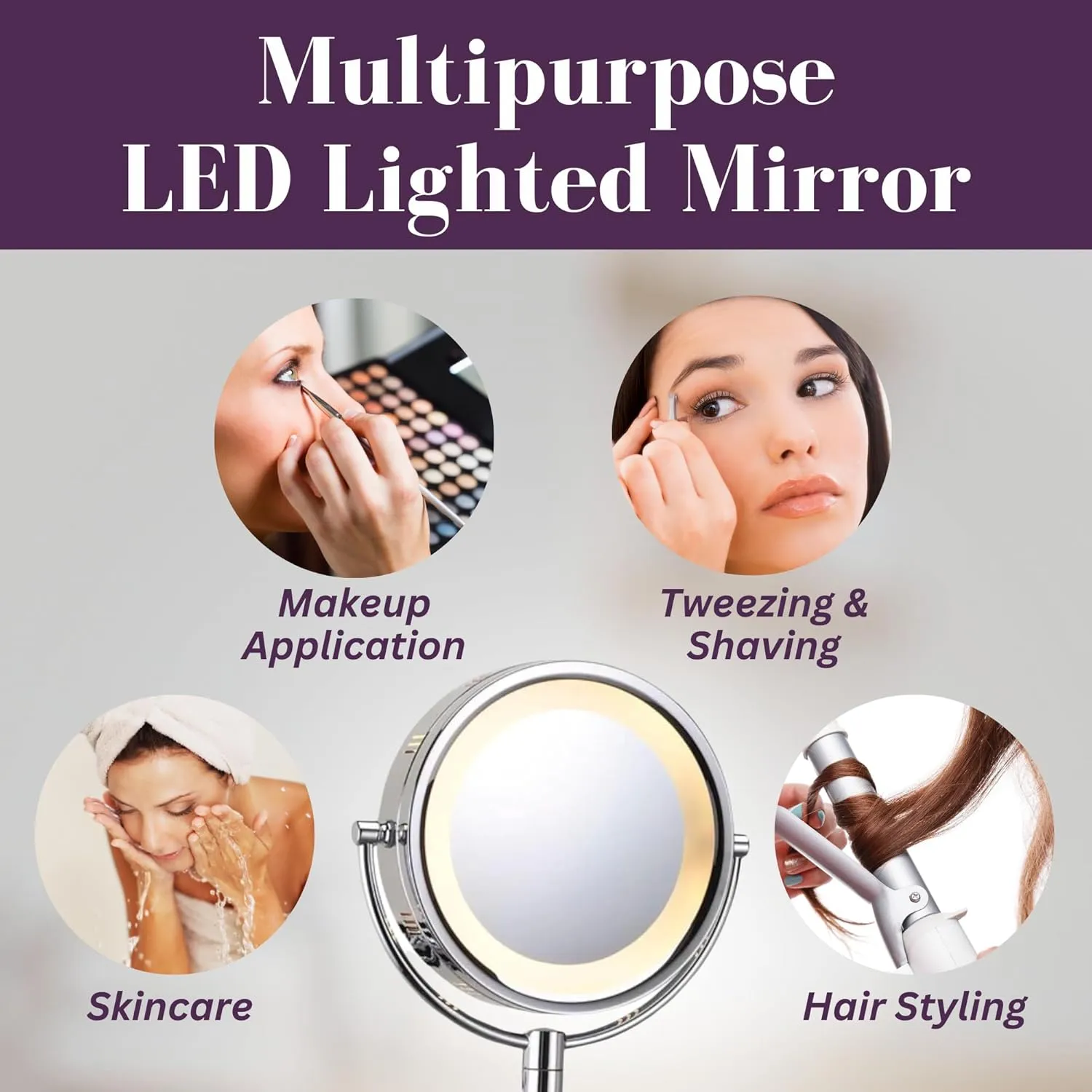 JERDON Two-Sided Wall-Mounted Makeup Mirror with Halo Lighting - Lighted Makeup Mirror with 5X Magnification & Wall-Mount Arm - Plug in Round Mirror with Chrome Finish Wall Mount - Model HL65C