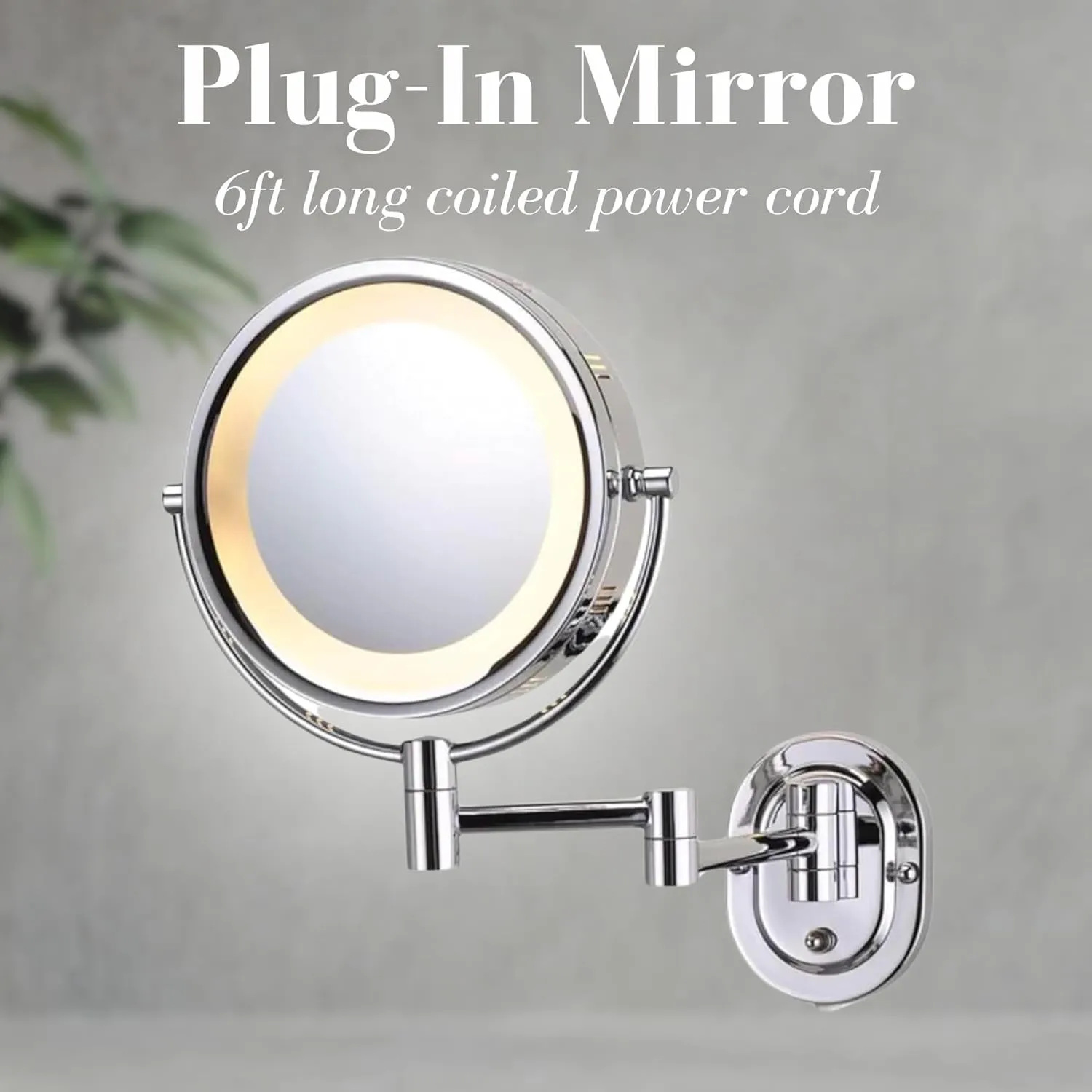 JERDON Two-Sided Wall-Mounted Makeup Mirror with Halo Lighting - Lighted Makeup Mirror with 5X Magnification & Wall-Mount Arm - Plug in Round Mirror with Chrome Finish Wall Mount - Model HL65C
