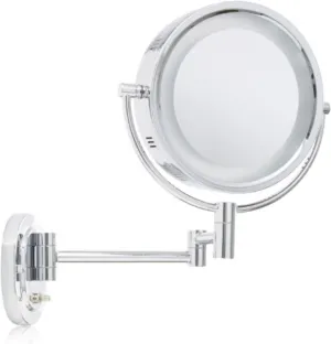JERDON Two-Sided Wall-Mounted Makeup Mirror with Halo Lighting - Lighted Makeup Mirror with 5X Magnification & Wall-Mount Arm - Plug in Round Mirror with Chrome Finish Wall Mount - Model HL65C