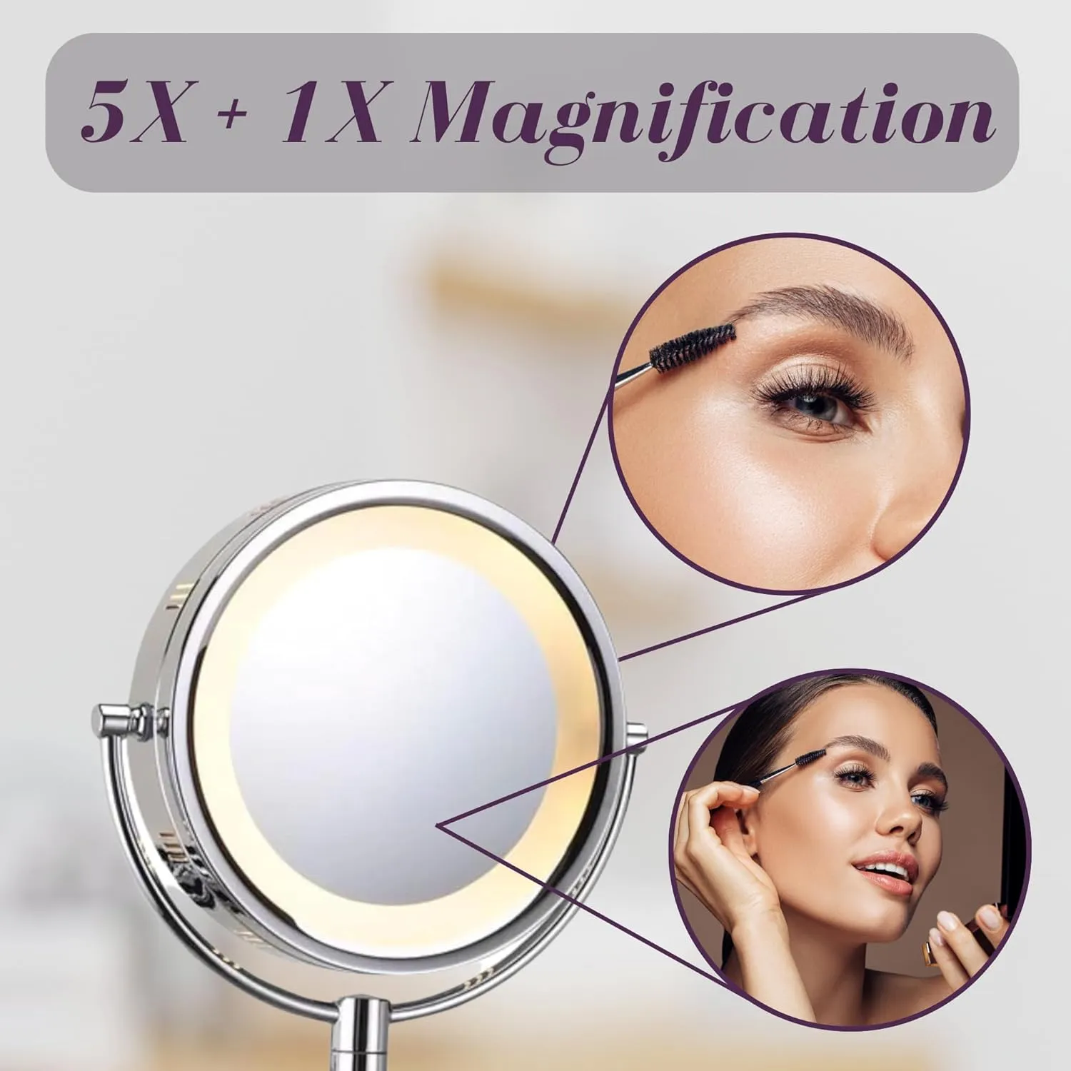 JERDON Two-Sided Wall-Mounted Makeup Mirror with Halo Lighting - Lighted Makeup Mirror with 5X Magnification & Wall-Mount Arm - Plug in Round Mirror with Chrome Finish Wall Mount - Model HL65C