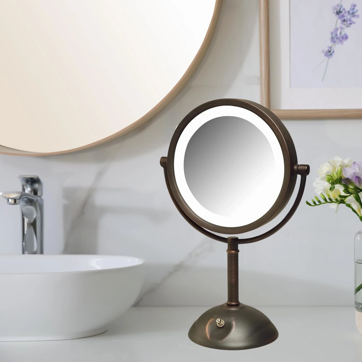 JERDON LED Lighted Tabletop Bronze Finish Makeup Mirror – 8X-1X Magnification – 8.5” Diameter Vanity Mirror – Variable Light Settings - Power Cord and Plug – Model HL8808BZL