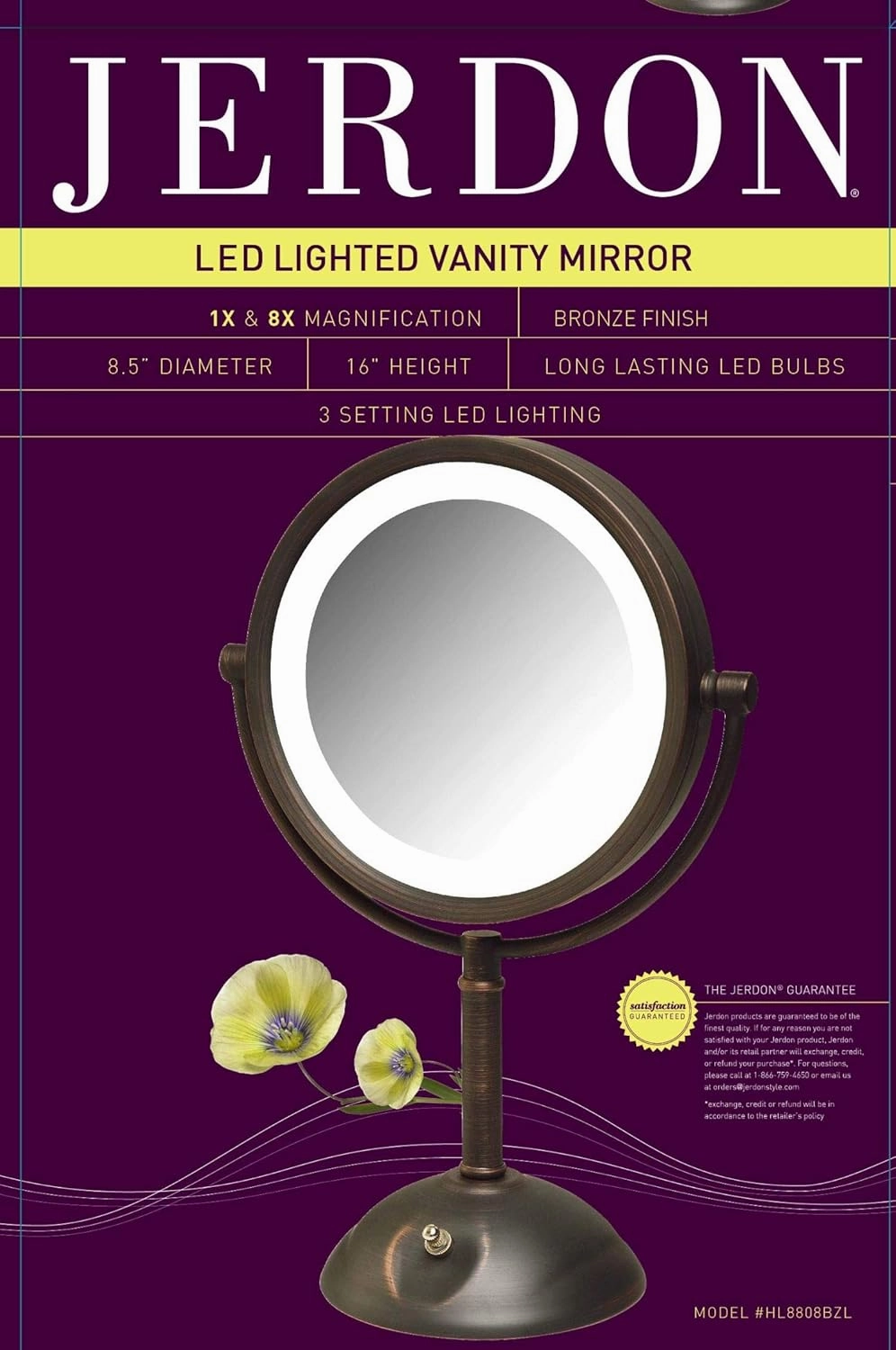 JERDON LED Lighted Tabletop Bronze Finish Makeup Mirror – 8X-1X Magnification – 8.5” Diameter Vanity Mirror – Variable Light Settings - Power Cord and Plug – Model HL8808BZL