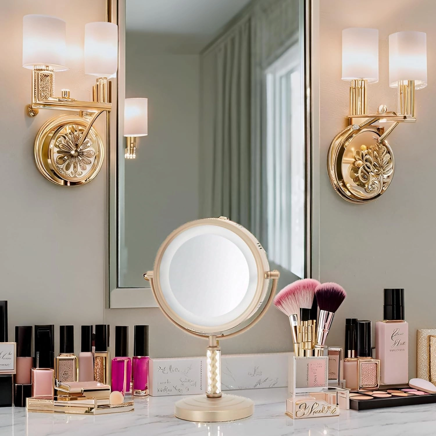JERDON Lighted Tabletop Makeup Mirror - 6X/1X Magnifying Mirror with Lights - Brass Finish - Model HL856BC