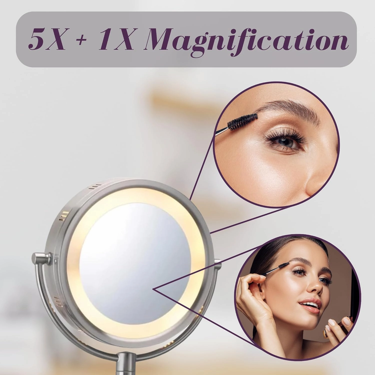 JERDON Two-Sided Wall-Mounted Makeup Mirror with Halo Lighting - Lighted Makeup Mirror with 5X Magnification & Wall-Mount Arm - Plug in Round Mirror with Nickel Finish Wall Mount - Model HL65N