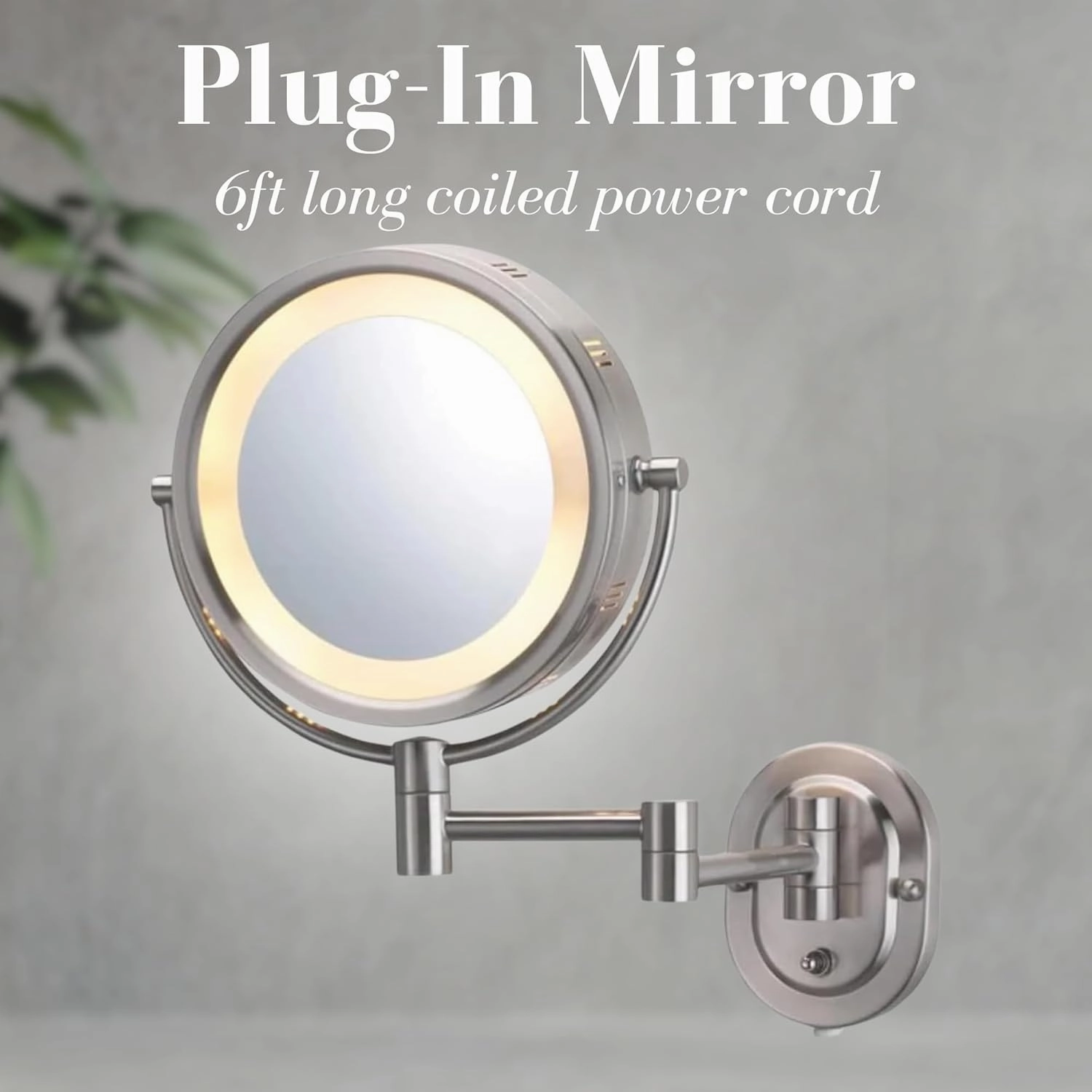 JERDON Two-Sided Wall-Mounted Makeup Mirror with Halo Lighting - Lighted Makeup Mirror with 5X Magnification & Wall-Mount Arm - Plug in Round Mirror with Nickel Finish Wall Mount - Model HL65N