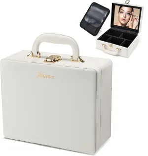 Joligrace Travel Makeup Case with Mirror,Travel Makeup Organizer Case, PU Leather Makeup Train Case Portable Makeup Box Storage Bag,with Adjustable Dividers & Brush Holder (Black)