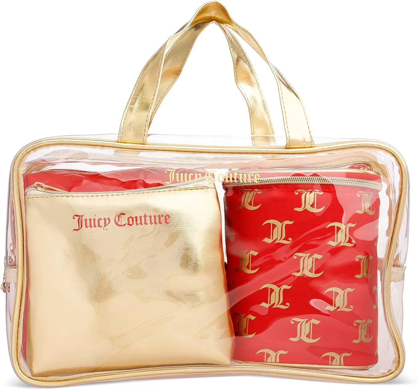 Juicy Couture Women's Cosmetics Bag - Travel Makeup and Toiletries Train Case Nested Bag Set, Red and Gold