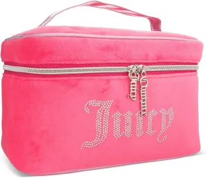 Juicy Couture Women's Cosmetics Bag - Travel Makeup and Toiletries Train Case Organizer, Size One Size, Pink Terry with Rhinestone Logo