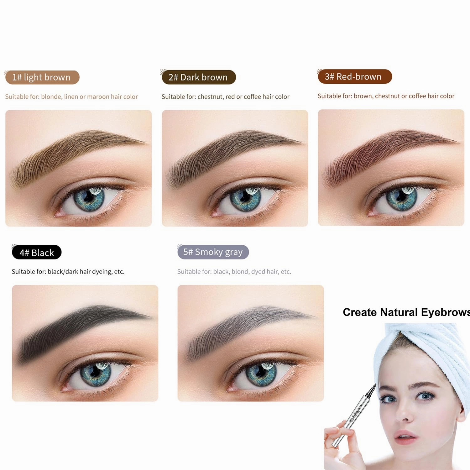 Kaberryfls Waterproof Natural Eyebrow Pen, 3D Waterproof Microblading Eyebrow Pen Kaberryfls, Kaberryfls Eyebrow Pencil, Kaberryfls Eye Brow Pencil 4 Tipped Precise Brow Pen (#4 Black)