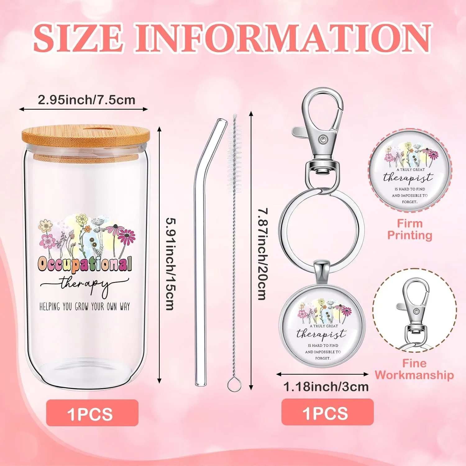 Kacctyen 3 Pcs Occupational Therapy Gift for Women Occupational Therapist Makeup Bag with Keychain 17 oz Inspirational Glass Cups with Lids and Straws Therapy Gifts for Therapists OT Women