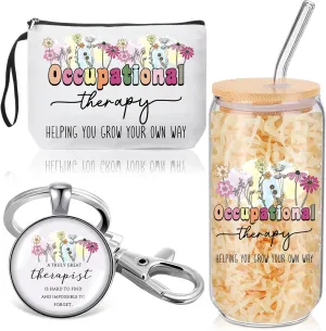 Kacctyen 3 Pcs Occupational Therapy Gift for Women Occupational Therapist Makeup Bag with Keychain 17 oz Inspirational Glass Cups with Lids and Straws Therapy Gifts for Therapists OT Women