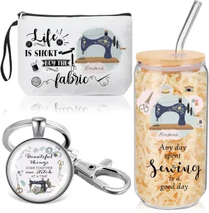 Kacctyen 3 pcs Sewing Gifts for Sewing Lovers Canvas Makeup Bag 17 oz Glass Cups with Lids and Straws Keychain Quilters Seamstress Gifts for Women Birthday Mother's Day Gift Mom Grandma