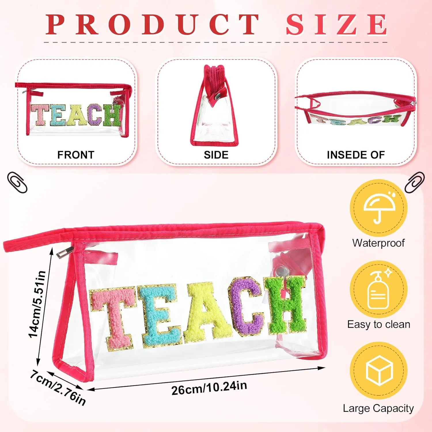 Kacctyen 62 Pcs Teacher Appreciation Gifts Set Include 1 Pcs Teach Makeup Bag, 4 Pcs Stackable Bracelets, 57 Pcs Teacher Stickers, Graduation Retirement Teacher Gifts for Women (Rose Red)